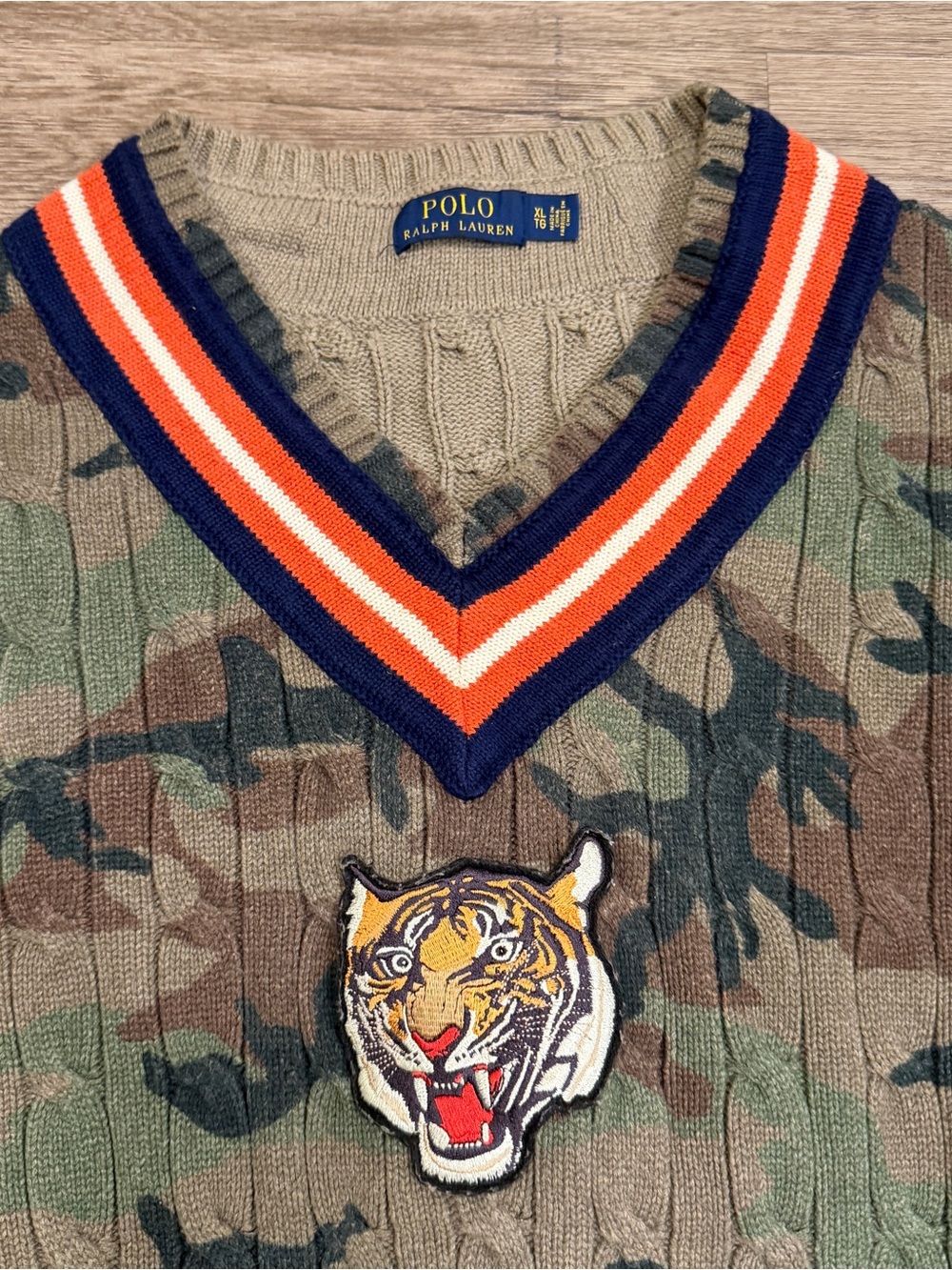Polo Ralph Lauren Sweater XL Men's Cricket Camo Cable Knit Tiger V Neck Pullover - Picture 2 of 4